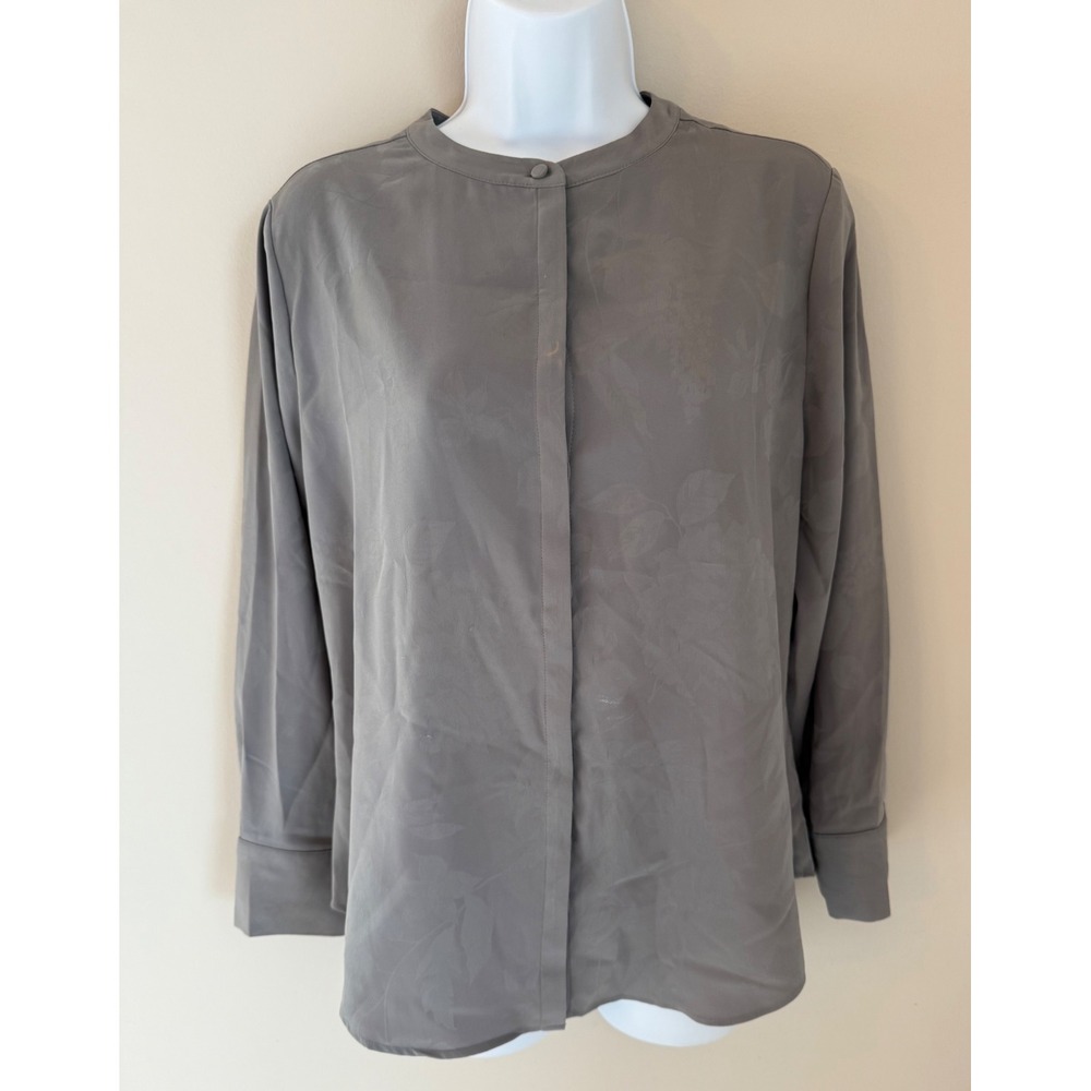 Chico's Blouse 8 1P Gray Jacquard Floral Long Sleeve Band Collar Office Career
